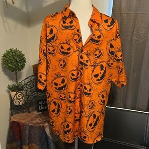 Spooky Pumpkin Print Orange Button Down Shirt